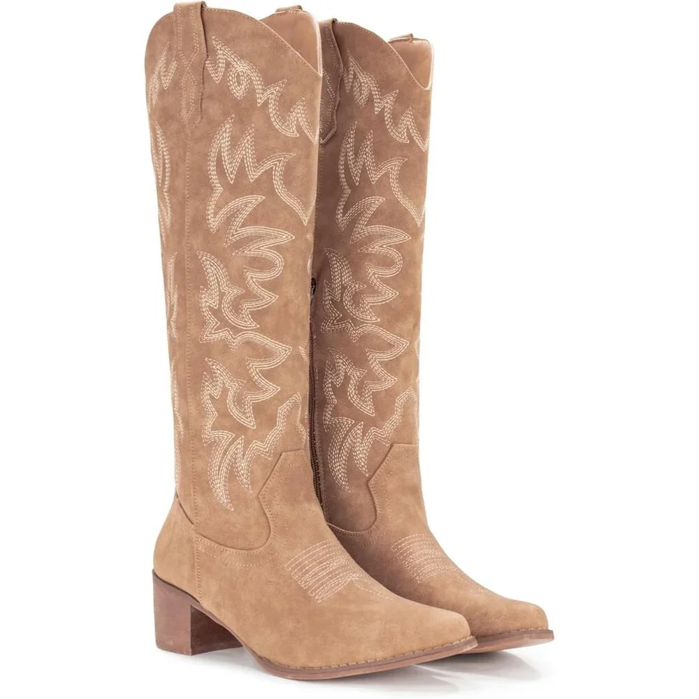 ✨Women Brown Cowboy Boots Knee High Boots Pointy Toe Boots Chunky Heel Boots